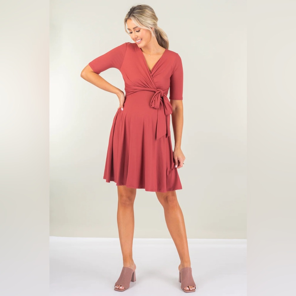 Mother Bee Maternity and Nursing Knee Length Dress with Tie Belt Mauve Dark